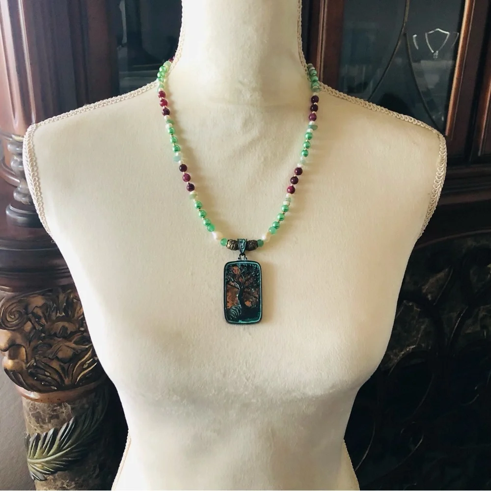 Handcrafted repurpose vintage tree pendant genuine stone pearl necklace